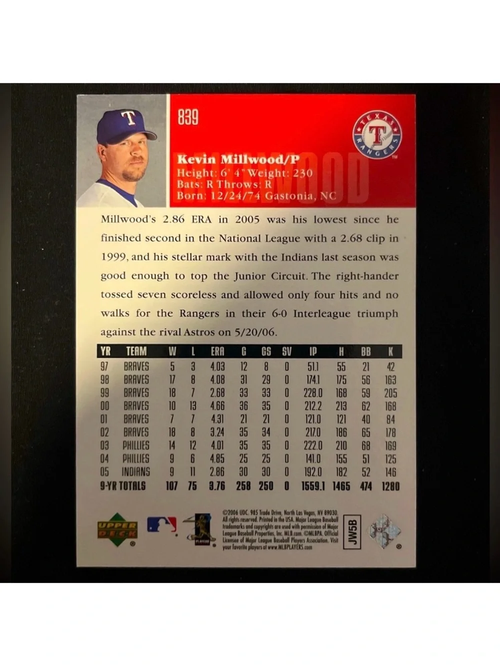 KEVIN MILLWOOD 2006 TEXAS RANGERS UPPER DECK #839 BASEBALL TRADING CARD